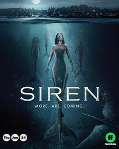 siren movie poster with mermaids swimming in the water and one woman standing on her belly