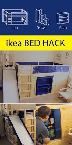 a kid's bedroom with bunk beds, desks and storage space for toys