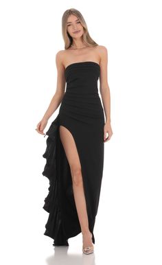 Strapless Ruched Ruffle Maxi Dress in Black | LUCY IN THE SKY Sequin Lace Maxi Dress, Mesh Cutout Dress, Satin Ruffle Dress, Ruffle Long Dress, Open Back Maxi Dress, Cowl Dress, Ruffle Maxi Dress, Lucy In The Sky, Tulip Dress