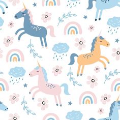 seamless pattern with unicorns and rainbows in pastel colors on a white background