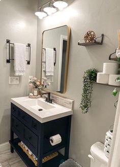 a bathroom with a sink, mirror and toilet