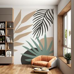 a living room with a chair and bookshelf next to a large wall mural