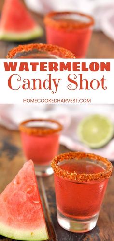 watermelon candy shot in glasses with lime wedges on the side and text overlay that reads, watermelon candy shot