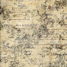 an old map with writing on it and flowers in the middle, as well as other things