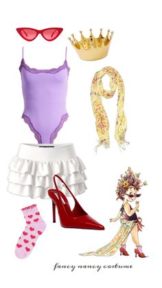 some clothes and accessories are arranged on a white background with the words fancy fancy costumes