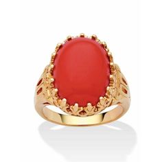 PalmBeach Jewelry exclusive. One of the most precious offerings simulated coral cabochon, in an oval shape, lends its beauty to a ring you'll treasure. Gold-plated. Sizes 5-10. 18513 Color: Orange.  Gender: female.  Age Group: adult. Yellow Gold Cocktail Ring, Orange Ring, Palm Beach Jewelry, Gold Statement Ring, Gold Cocktail Ring, Coral Ring, Orange Coral, Coral And Gold, Gold Cocktail