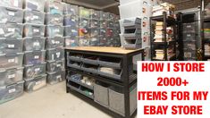 there are many bins and shelves in this store with the words how i store 2000 + items for my ebay store