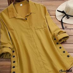 Olivia Mark - Womens Plus Size Casual Blouse: Striped Print, Long Sleeve Button-Up Shirt with Button Decor and Lapel Collar Basic Streetwear, Pocket Tunic, Vestidos Vintage, Women Shirts Blouse, Womens Clothing Sizes, Plus Size Blouses, Casual Blouse, Plus Size Shirts, Striped Long Sleeve