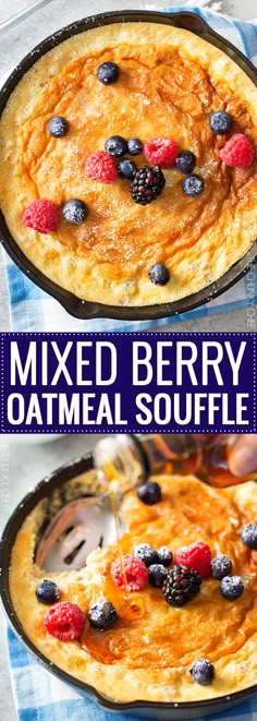 mixed berry oatmeal souffle in a cast iron skillet