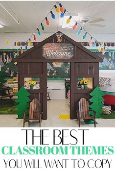 a classroom with chairs and decorations on the wall, and a welcome sign above it