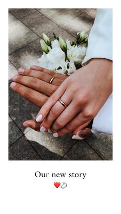 two people holding hands with flowers in their lapels and the words our new story