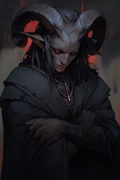 a demon with horns on his head standing in front of a red background