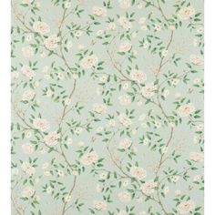 a floral wallpaper with white flowers and green leaves on a blue background that is very soft