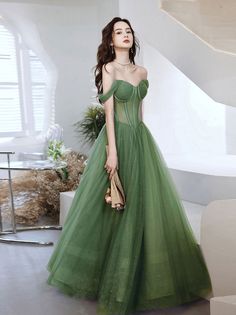 Prom Dress Green, Tulle Long Prom Dress, Green Evening Dress, Green Tulle, A Line Evening Dress, Tulle Sleeves, فستان سهرة, Green A, Custom Size Dresses