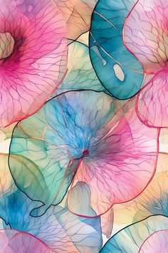 an abstract painting of pink and blue flowers