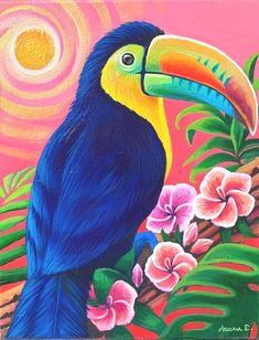 a painting of a toucan bird with flowers