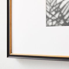 the shadow of a palm leaf is cast on a white wall behind a framed photograph