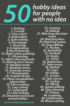 a poster with the words 50 hobby ideas for people with no idea written on it