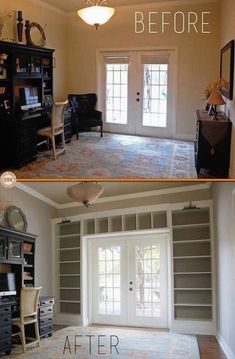 before and after photos of a living room with built in bookcases, carpeted floor