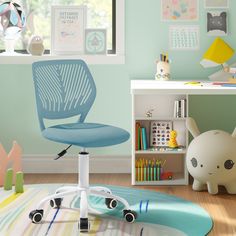 a blue office chair sitting on top of a wooden floor next to a book shelf