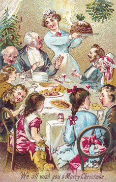 an old fashioned christmas card with children eating