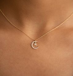 A harmonious diamond studded crescent moon and star necklace! Harness the power of these strong astrological symbols wherever you may go! Adjustable 16 - 18" 14K yellow gold chain 0.20 cttw. round brilliant cuts Cute Star Jewelry, Moon And Star Necklace Gold, Gold Moon And Star Necklace, Moon And Star Necklaces, Moon And Star Chain, Crescent Moon And Star Necklace, Moon And Star Pendant Necklace, Moon Chain Necklace, Necklace Moon And Star