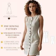 a woman is wearing a white dress with buttons on the front and side, along with instructions to sew