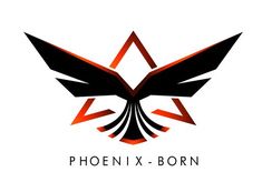 a black and orange logo with an eagle on it's head, the words phoenix - born