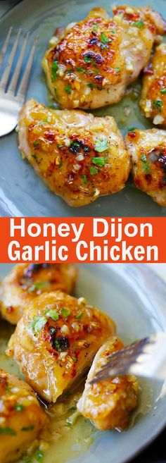 honey dijon garlic chicken on a plate with a fork