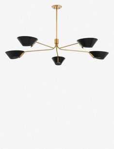 a chandelier with five black shades hanging from it's golden metal frame