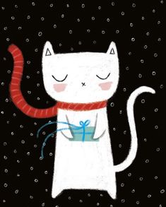 a white cat with a red scarf around its neck