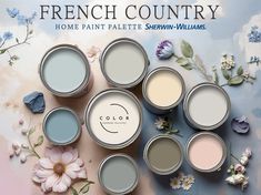 several paint cans with different colors and flowers in them on a blue background that says, french country home paint palette shelving williams