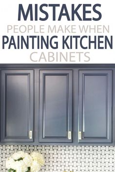 the kitchen cabinets are painted blue and have white flowers in them with text overlay