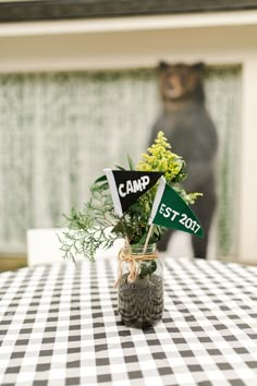 a table with a black and white checkered table cloth, green plant in a mason jar that says camp