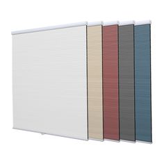 four different shades of blinds in various colors and patterns on a white background, with the same