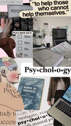 a collage of images with words and pictures on them that include women, men, and computers