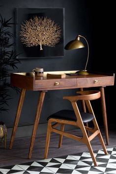 Wood Desk with Two Drawers in Home Office with Black Walls Mango Wood Desk, Traditional Desk, Study Room Design, Rockett St George, Stylish Desk, Wooden Desk, Vintage Desk, Study Table