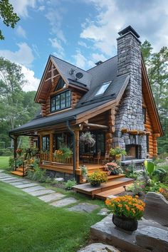 a log home with a stone chimney and porch