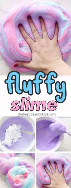 the process to make fluffy slime is shown with hands and fingers