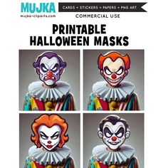 four different clown masks with the words printable halloween masks on them, all in various colors