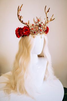 Deer Flower Crown Headband Headpiece Gold Horns Crown Red - Etsy Deer Costume Makeup, Christmas Headpiece, Antlers Headband, Red Flower Crown, Deer Costume, Festival Headpiece, Antler Headband, Burlesque Costume, Gold Horns