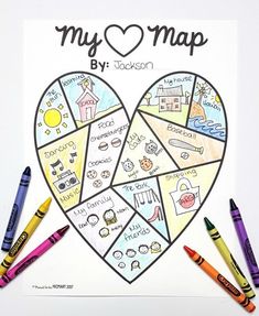 a heart shaped map with crayons on it