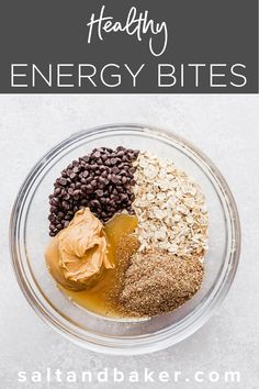 healthy energy bites in a glass bowl with peanut butter and chocolate chips