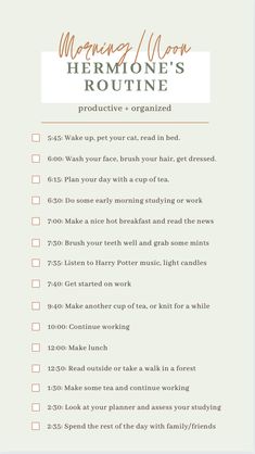 Afternoon To Do List, Productive Daily Routine For Students, Daily Routine Schedule College Student, Hermoine Granger Study Aesthetic, Hermione Granger Inspiration, Hermione Granger Lifestyle, Hermione Granger Morning Routine, University Morning Routine, Daily Routine Aesthetic Pictures