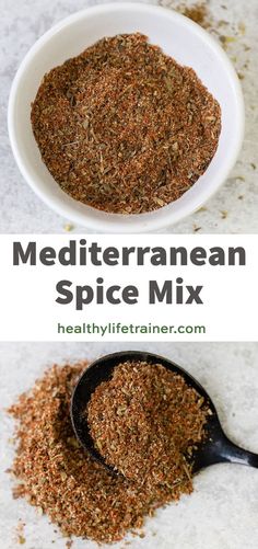 the ingredients for mediterranean spice mix in a white bowl