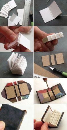 the steps to make an origami book are shown in several different positions and sizes