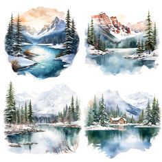 four watercolor paintings of snow covered mountains, trees and a lake in the foreground