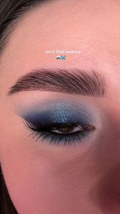 Wedding Blue Makeup, Denim Outfit Makeup Look, Dark Blue Glitter Eyeshadow, Blue Eye Prom Makeup, Navy Blue Eye Makeup Tutorial, Blue Eyeshadow Looks For Prom, Navy Blue Simple Makeup, Mamma Mia Party Makeup, Navy Blue Wedding Makeup