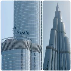 two tall buildings next to each other in front of a blue sky