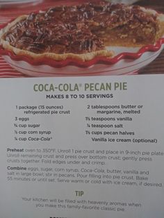 a recipe for a coca cola pecan pie is shown in an advertisement on a table